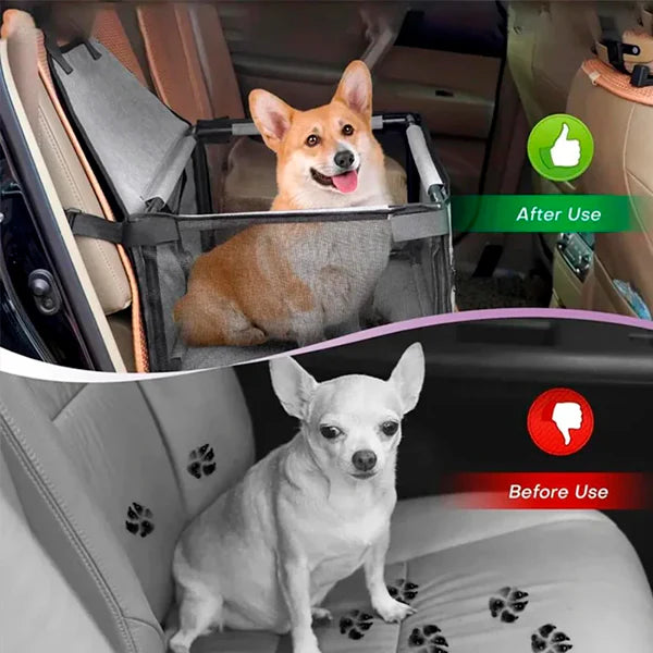 perro seguro y cómodo en asiento de viaje con paneles de malla ventilada