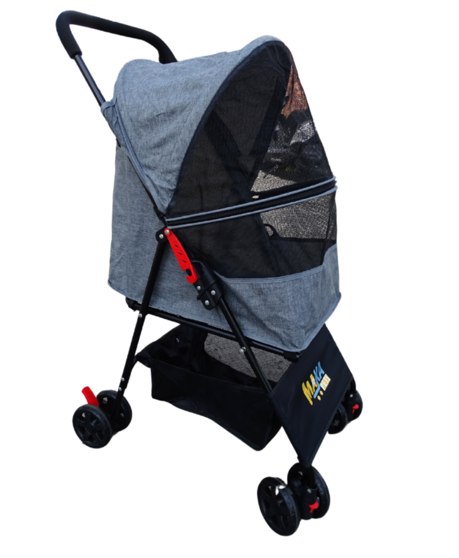 Cochecito plegable para mascotas con estructura de acero y malla ventilada.