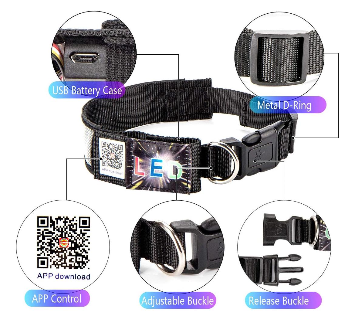 Collar LED mostrando función audiorítmica sincronizada con música