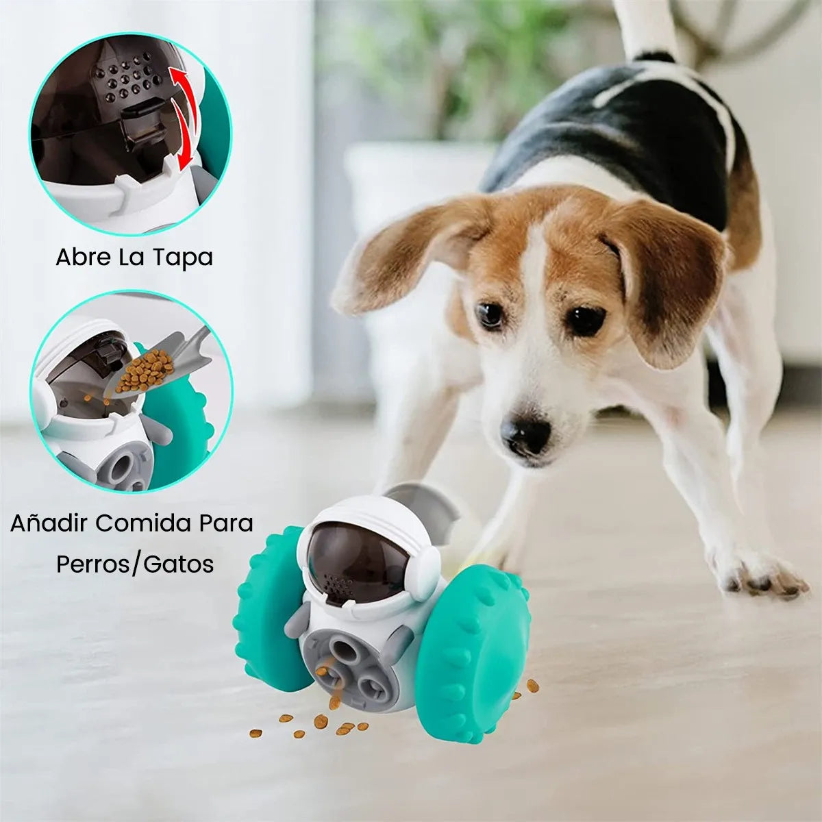 Mascota interactuando con juguete que libera comida, enriquecimiento ambiental en acción