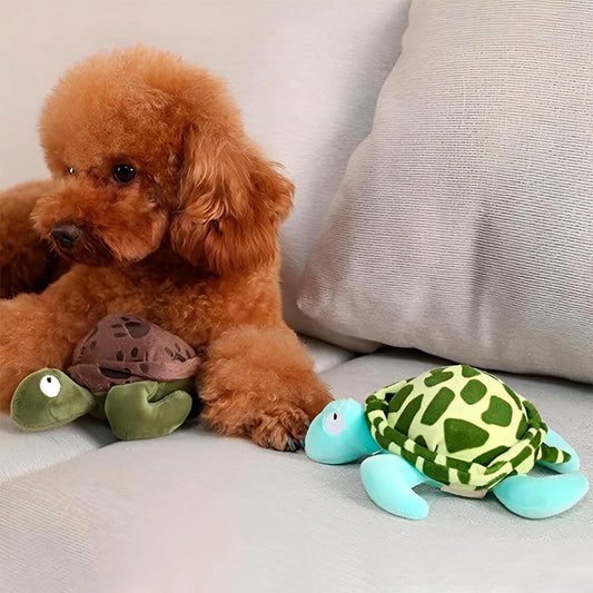 Perro pequeño jugando con su tortuga de peluche favorita