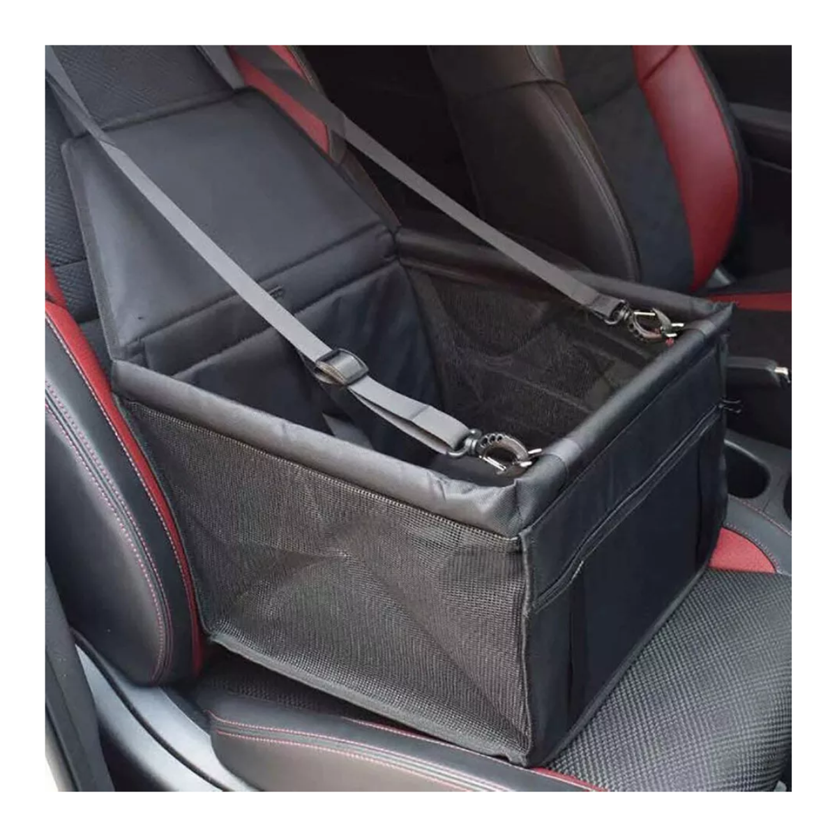 Vista superior de asiento de seguridad para perros y gatos con bolsillo frontal