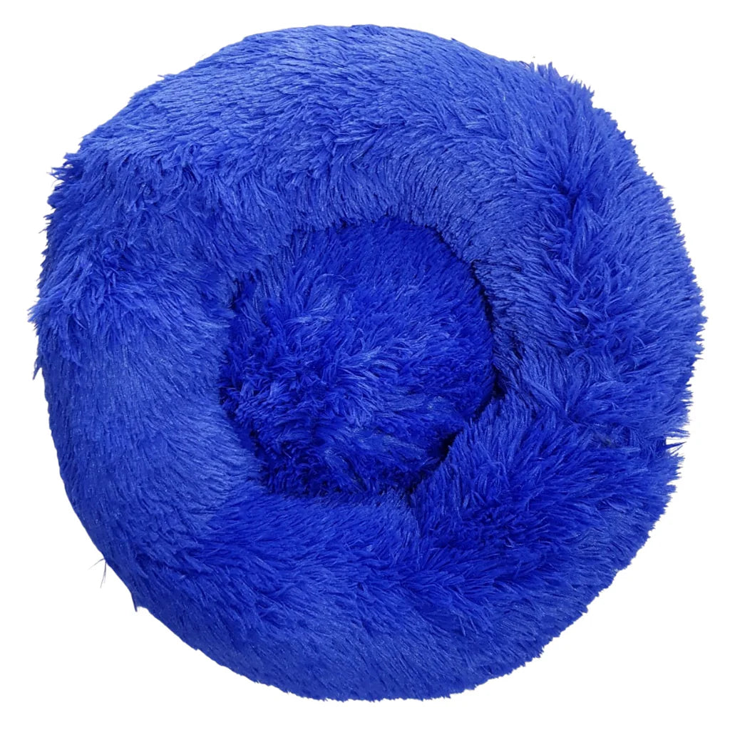 Cama antiestrés para mascotas, diseño circular con borde elevado, color azul rey