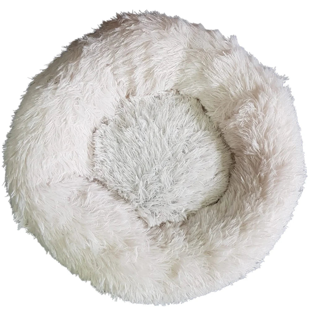 Cama antiestrés para mascotas, diseño circular con borde elevado, color blanco