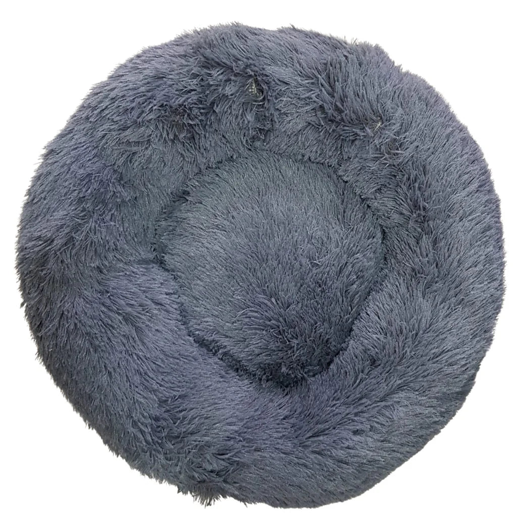 Cama antiestrés para mascotas, diseño circular con borde elevado, color gris