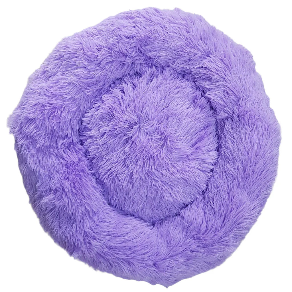 Cama antiestrés para mascotas, diseño circular con borde elevado, color lila