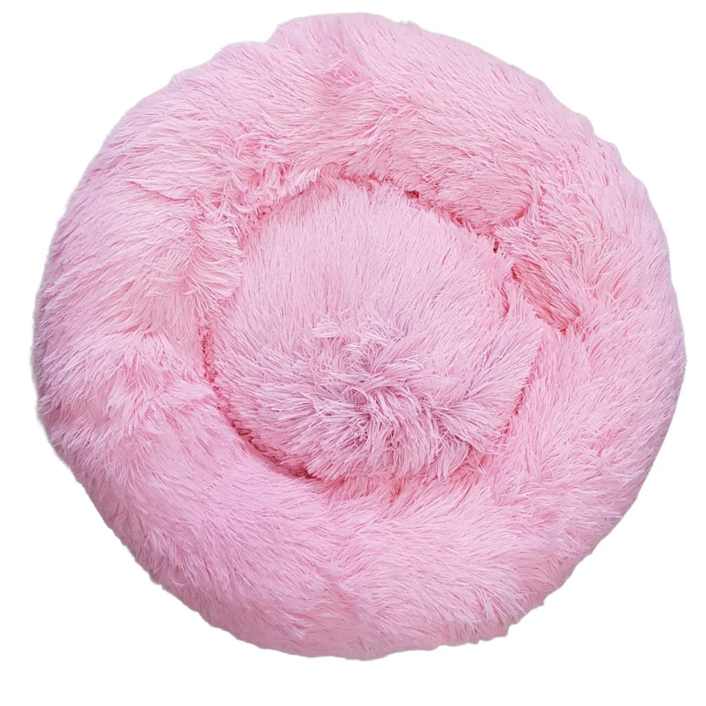 Cama antiestrés para mascotas, diseño circular con borde elevado, color risa