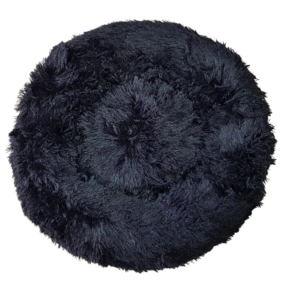 Cama antiestrés para mascotas, diseño circular con borde elevado, color negro