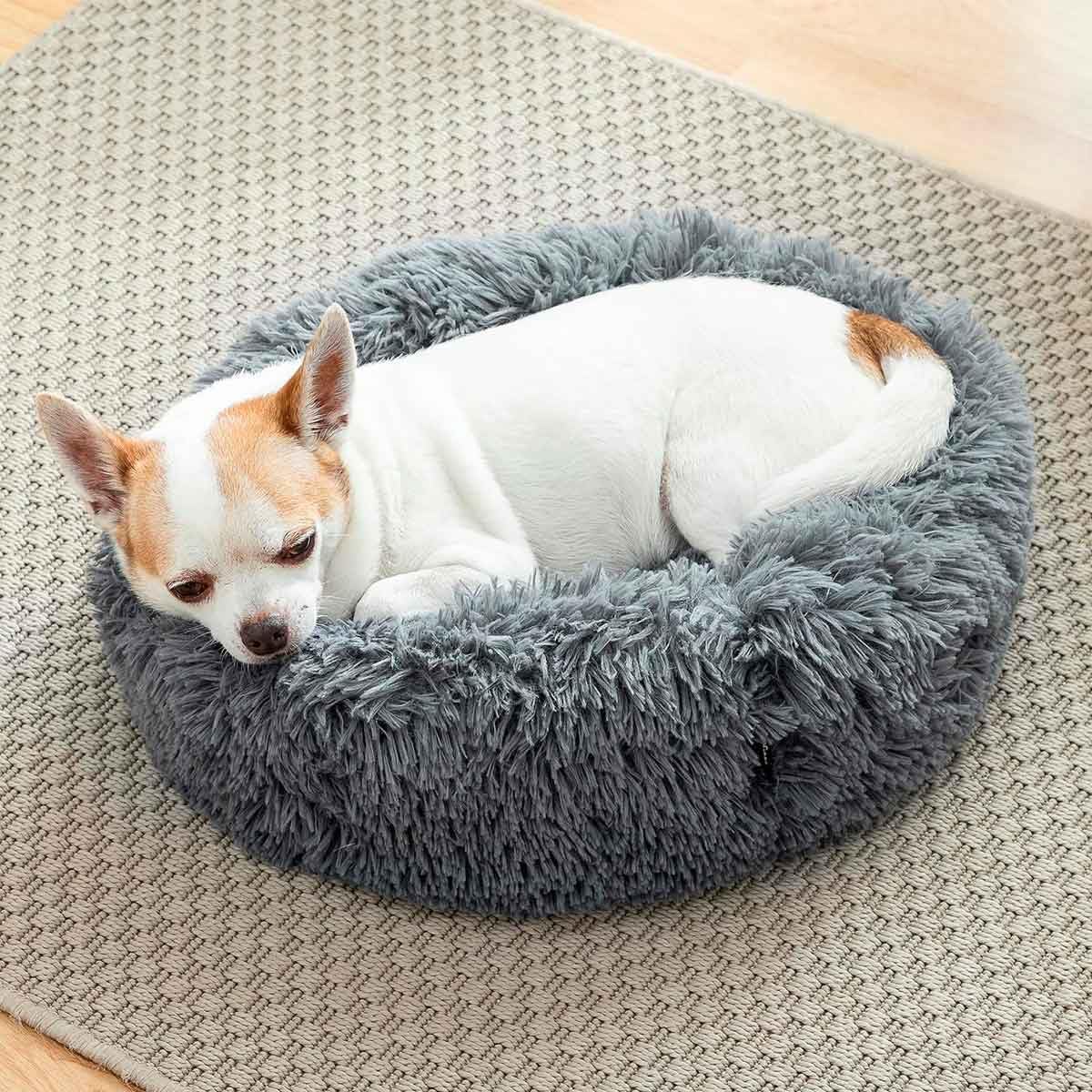 Perro durmiendo plácidamente en cama redonda tipo dona color beige