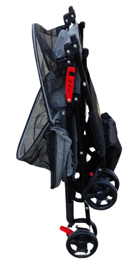 Cochecito plegable para mascotas con estructura resistente de acero y base acolchada.