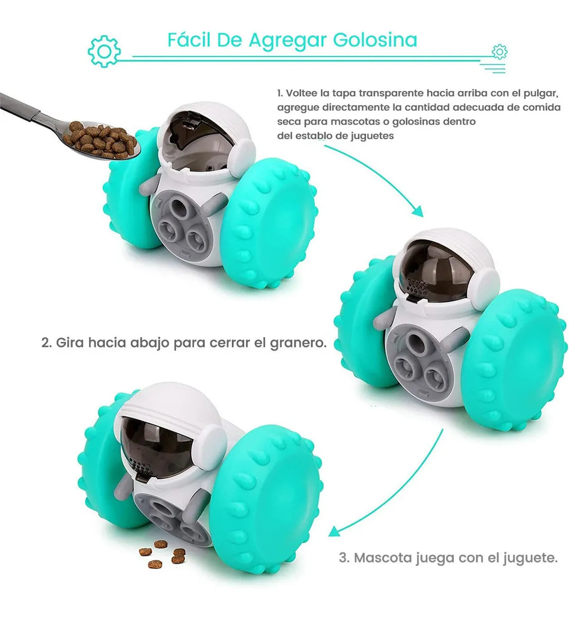 Partes del dispensador de alimento desmontadas para mostrar facilidad de limpieza