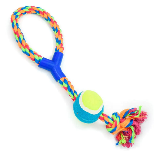 Juguete SogaTenis con cuerda de algodón y pelota tipo tenis en colores vivos sobre fondo blanco