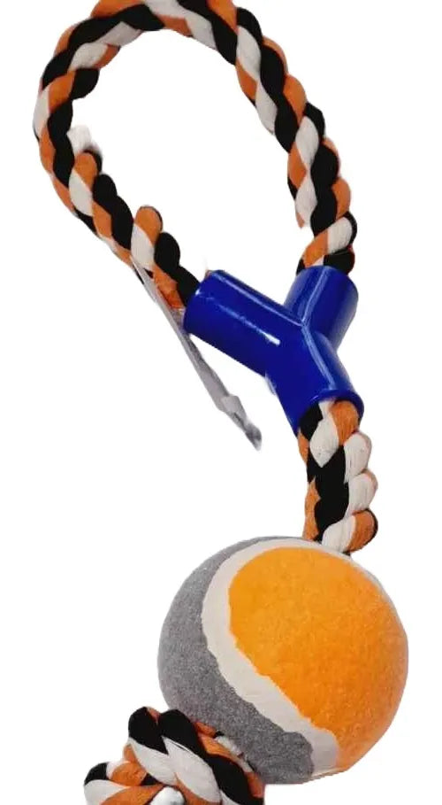 Primer plano de la cuerda trenzada del juguete SogaTenis con pelota integrada y agarradera ergonómica