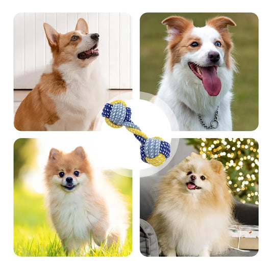 "Detalle del nudo trenzado del juguete de cuerda para perros, vista cercana."