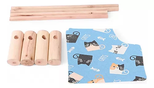 Partes desmontadas de cama para mascotas con pinos de madera y lienzo resistente – vista técnica”