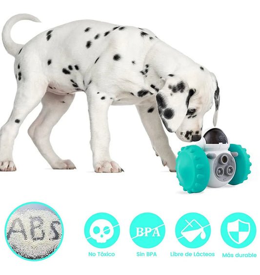 Perro pequeño empujando el juguete robot dispensador de snacks, actividad estimulante