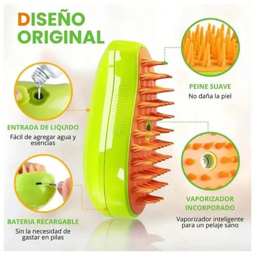 depósito de agua, bateria recargable, cerdas siliconadas del cepillo vaporizador para perros y gatos