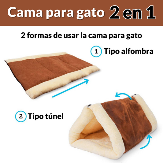 Diseño de cama y túnel para mascotas con material termorreflectante, base acolchada y estructura plegable