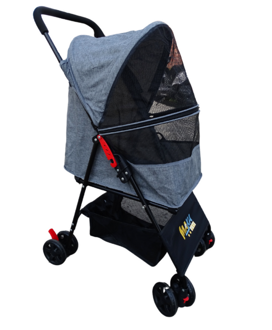 Cochecito plegable para mascotas con estructura de acero y malla ventilada.