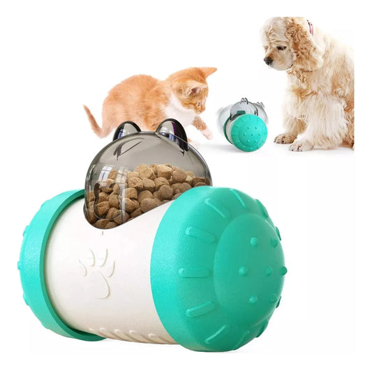 Perro y gato pequeño jugando con dispensador didáctico de comida interactiva