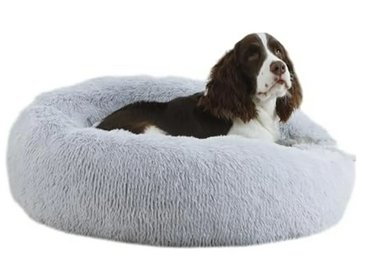 Perro grande descansando sobre cama antiestrés talla L