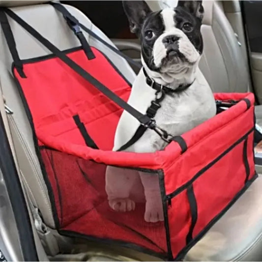 Perro pequeño sentado dentro de asiento portátil para mascotas en un auto